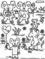 Happy Valentine's Day Coloring Pages Teddy Bear With Roses and Balloons